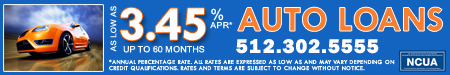Refinance your Auto Loan- Rates as low as 3.45%* - Annual Percentage Rate. Actual rate may vary depending on credit qualifications. Rates are subject to change without notice. Please call for details.